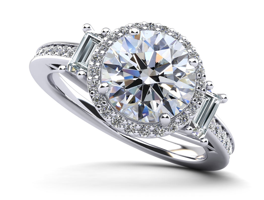 Three Stone Round Ring with Halo