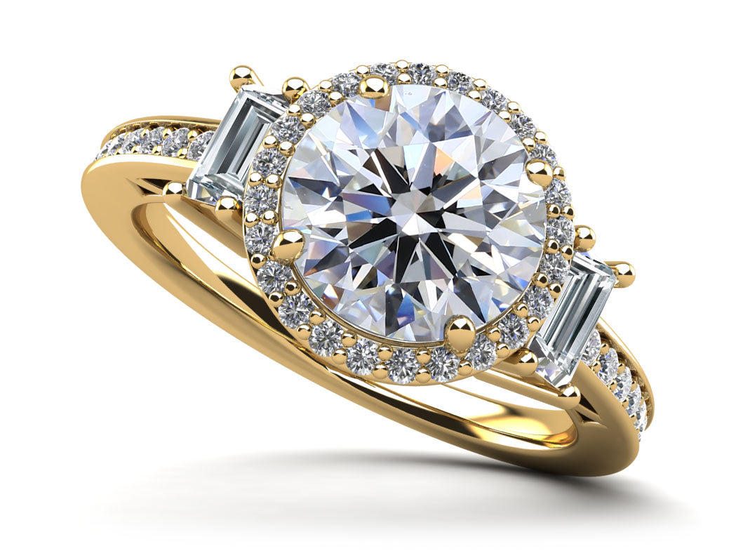 Three Stone Round Ring with Halo