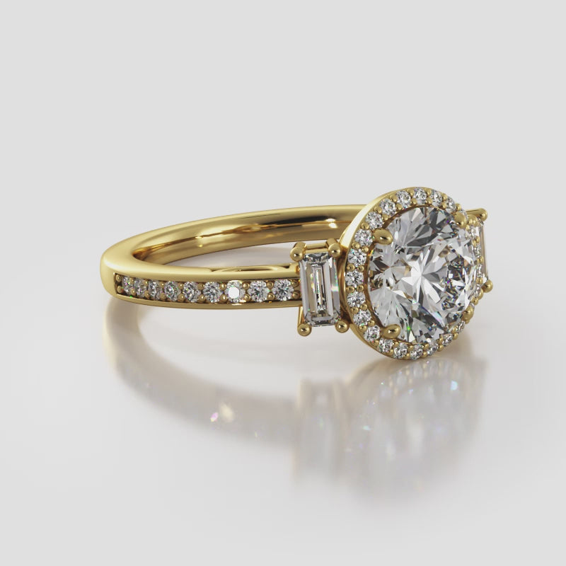 Three Stone Round Ring with Halo