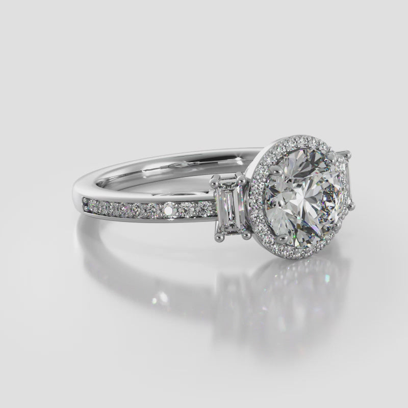 Three Stone Round Ring with Halo